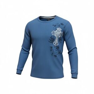 Y2K Men's Blue Long-Sleeve Graphic Crewneck Shirt with Cross Detail